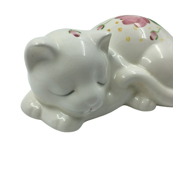 Sleeping kitten figurine Vintage hand painted white pink flowers floral cat shel - Picture 5 of 8